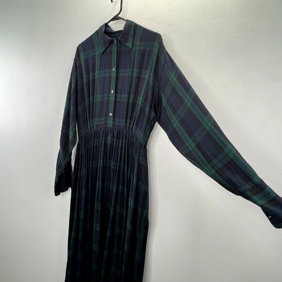 Vintage Ralph Lauren Shirt Dress 14 Tartan Plaid Blue Green Maxi Button FLAWS - Picture 3 of 10